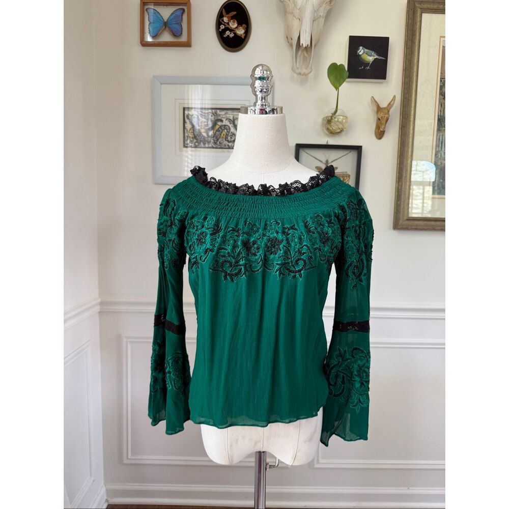 Vintage Collection Green Black Embroidered Bead Lace Western Boho Blouse Top S
